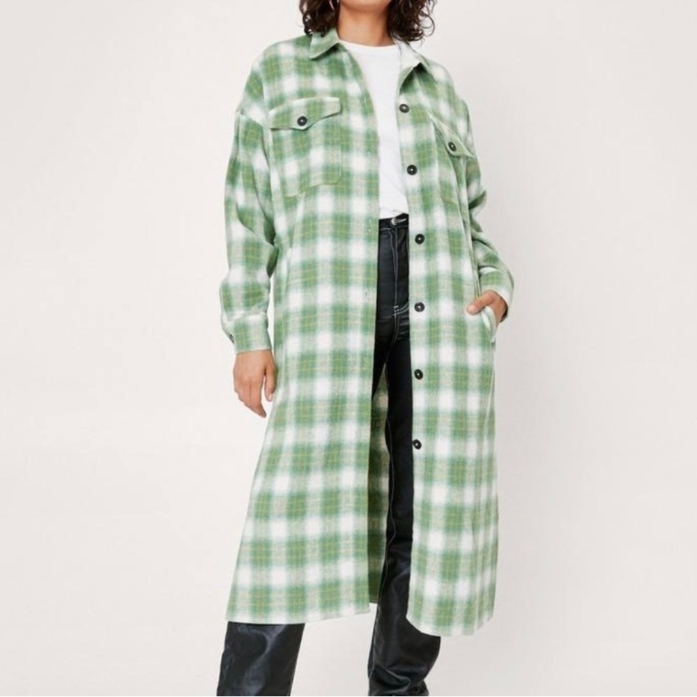 Nasty Gal Long Shacket in Green Plaid